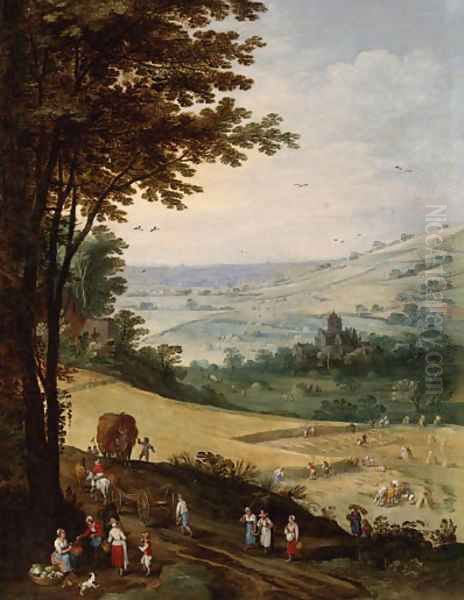 Peasants harvesting, an extensive landscape with a church beyond Oil Painting by Josse de Momper