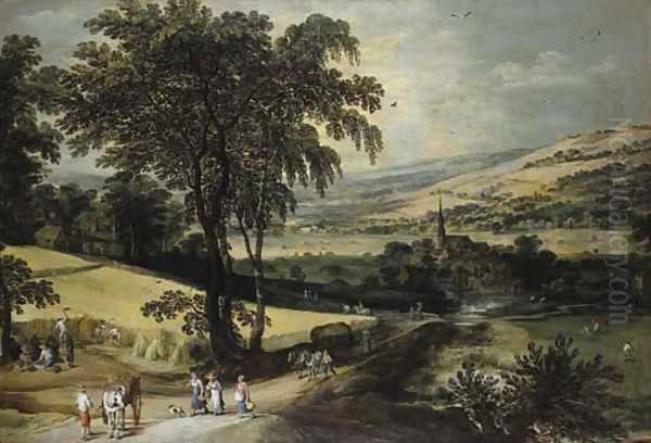 Summer An extensive landscape with harvesters cutting a cornfield and travellers and wagons on a road, a village beyond Oil Painting by Josse de Momper