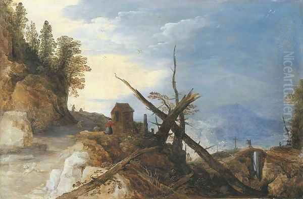 A mountain landscape with a fallen tree on a path, a bridge in the distance Oil Painting by Josse de Momper