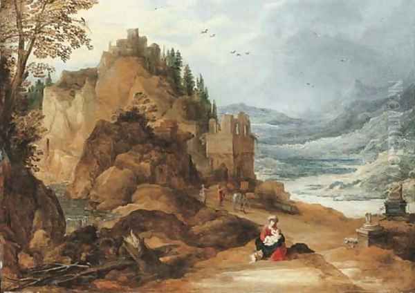 A mountainous river landscape with the Rest on the Flight into Egypt Oil Painting by Josse de Momper