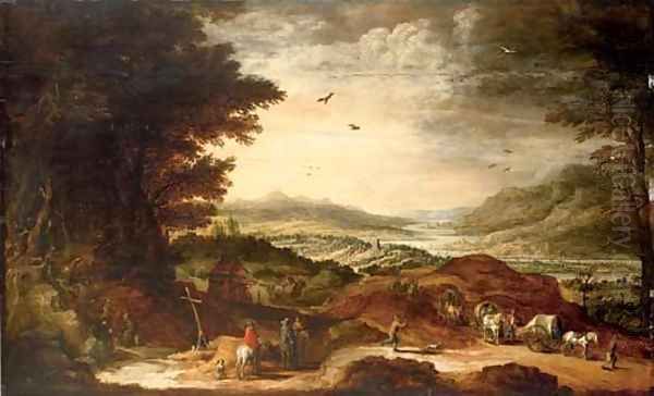 Peasants in wagons and pilgrim hermits in an extensive river landscape Oil Painting by Josse de Momper