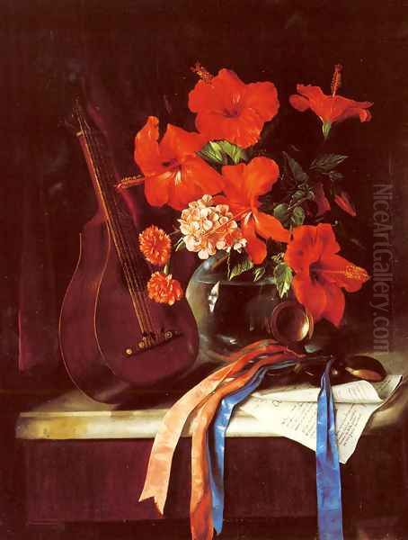 Still Life With Mandolin And Castagnets Oil Painting by Jose Maria Bracho y Murillo