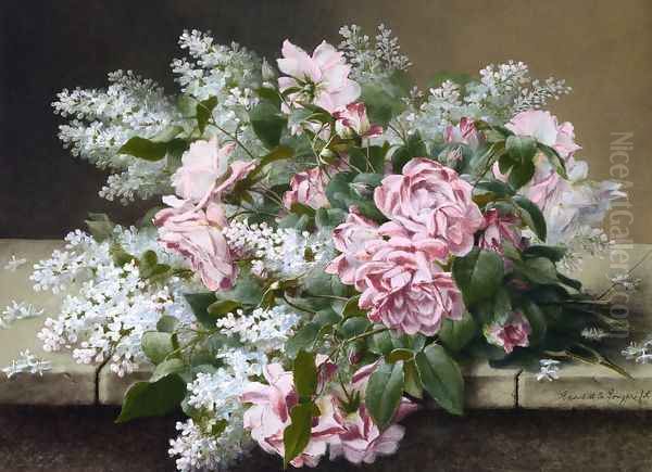 Roses on a Marble Tabletop Oil Painting by Raoul Maucherat de Longpre