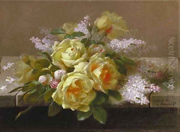 Roses and White Lilacs on a Ledge two works Oil Painting by Raoul Maucherat de Longpre