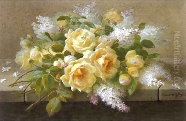 Still life of yellow roses and lilac Oil Painting by Raoul Maucherat de Longpre