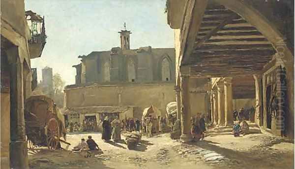 Plaza de la Iglesia Santa Coloma de Queralt Oil Painting by Jaime Morera y Galicia