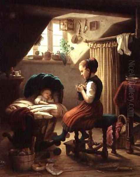 Tending the Little Ones Oil Painting by Johann Georg Meyer von Bremen