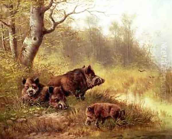 Wild Boar in the Black Forest 1880 Oil Painting by Moritz Muller