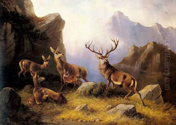 Deer in a Mountainous Landscape Oil Painting by Moritz Muller