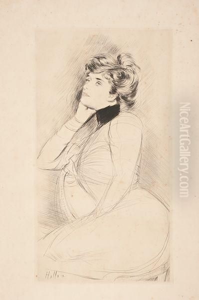 [jeune Femme Pensive, Tete Levee Vers La Gauche, La Main Au Visage]. Oil Painting by Paul Cesar Helleu