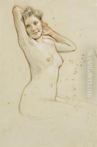 Female Nude With Arms Behind Her Head Oil Painting by Paul Cesar Helleu