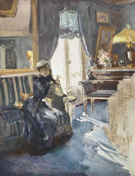 An Elegant Lady In A Sunlit Interior Oil Painting by Paul Cesar Helleu