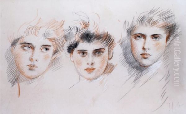 Les Trois Jeunes Femmes Oil Painting by Paul Cesar Helleu