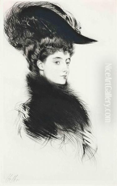 Portrait Of A Lady In A Feather Hat Oil Painting by Paul Cesar Helleu