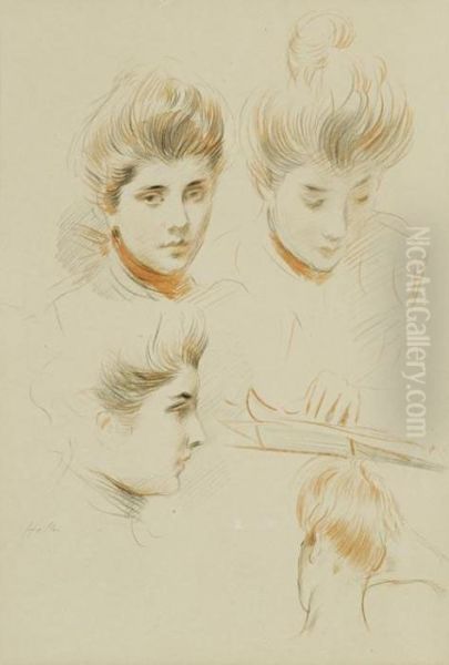 Studies Of The Head Of A Young Woman Oil Painting by Paul Cesar Helleu