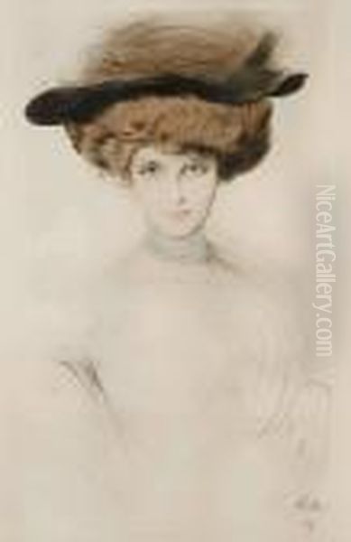 Elegante Au Chapeau De Plumes Oil Painting by Paul Cesar Helleu