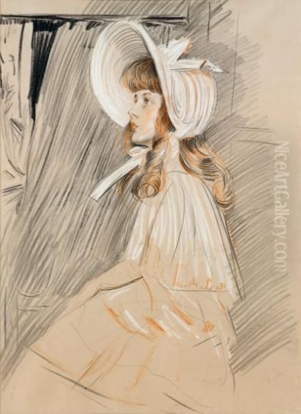 Fillette Au Chapeau Devant Unefenetre Oil Painting by Paul Cesar Helleu