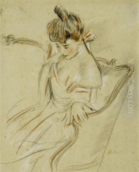 Woman Seated On Sofa Oil Painting by Paul Cesar Helleu