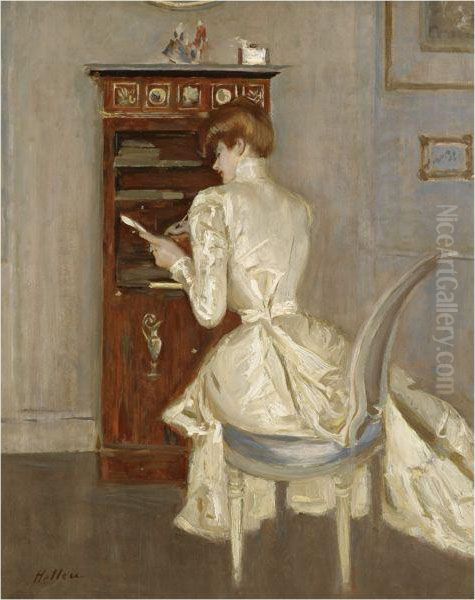 Madame Helleu A Son Bureau Dans Le Salon De L'atelier Du Peintre Oil Painting by Paul Cesar Helleu