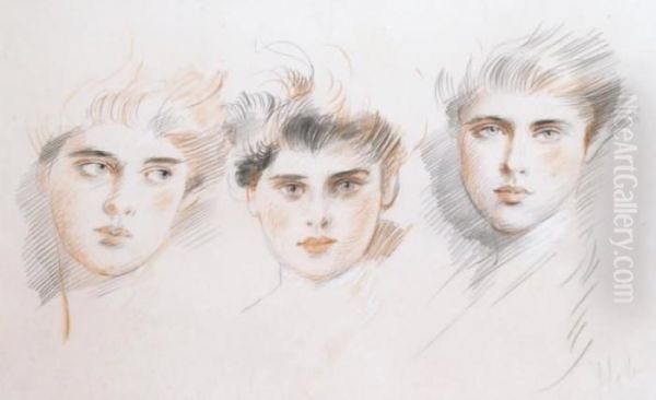 Les Trois Jeunes Femmes Oil Painting by Paul Cesar Helleu