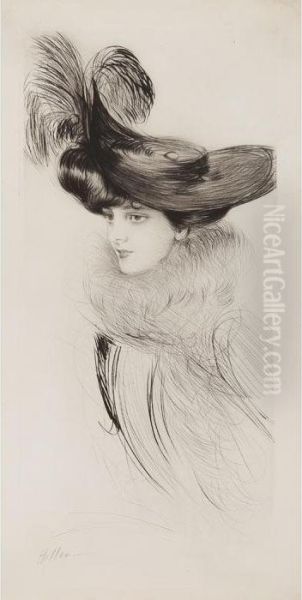 Jeune Femme Aux Chapeau Aux Plumes Oil Painting by Paul Cesar Helleu