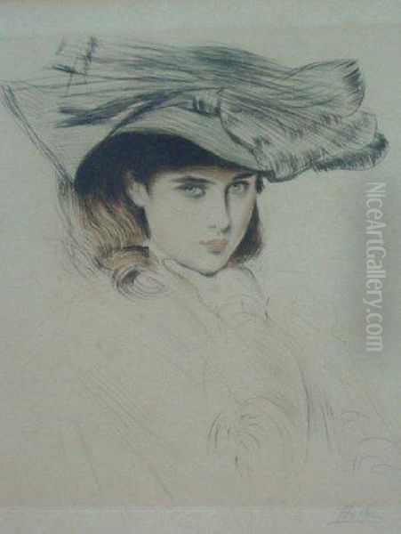 Portrait D'ellen Helleu Au Chapeau Oil Painting by Paul Cesar Helleu