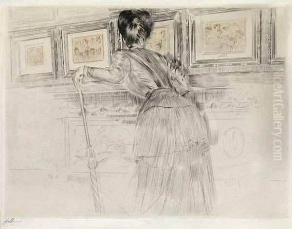 Madame Helleu Devant Les Dessins De Watteau Aulouvre Oil Painting by Paul Cesar Helleu