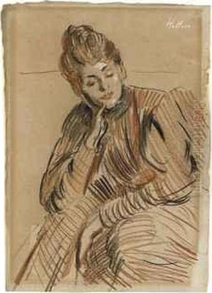 A Seated Woman, Resting On The Arm Of A Chair Oil Painting by Paul Cesar Helleu