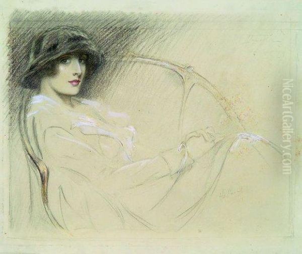 Elegante Au Fauteuil Bergere. Oil Painting by Paul Cesar Helleu