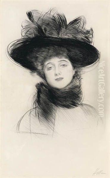 Femme Au Grande Chapeau 
Drpoint Oil Painting by Paul Cesar Helleu