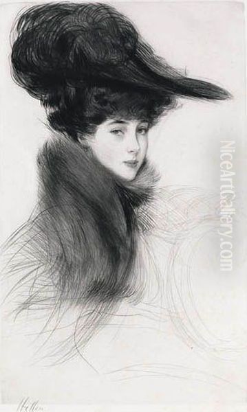 Femme Au Col De Fourure Et Au Grand Chapeau Oil Painting by Paul Cesar Helleu