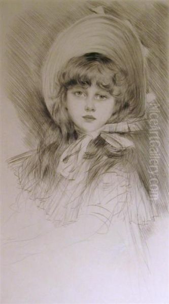 Portrait De Fillette Au Chapeau Oil Painting by Paul Cesar Helleu