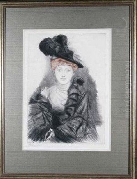 A Young Woman With A Feathered Hat Oil Painting by Paul Cesar Helleu