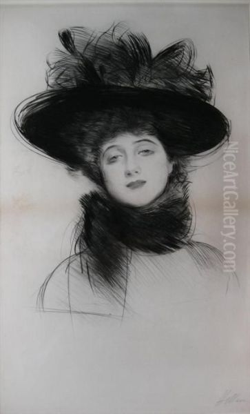 Portrait Of A Woman With Hat Oil Painting by Paul Cesar Helleu