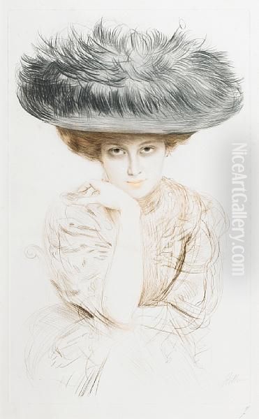 Portrait Of A Young Lady Wearing A Feathered Hat Oil Painting by Paul Cesar Helleu