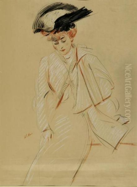 Portrait Of An Elegant Lady In A Plumed Hat Oil Painting by Paul Cesar Helleu