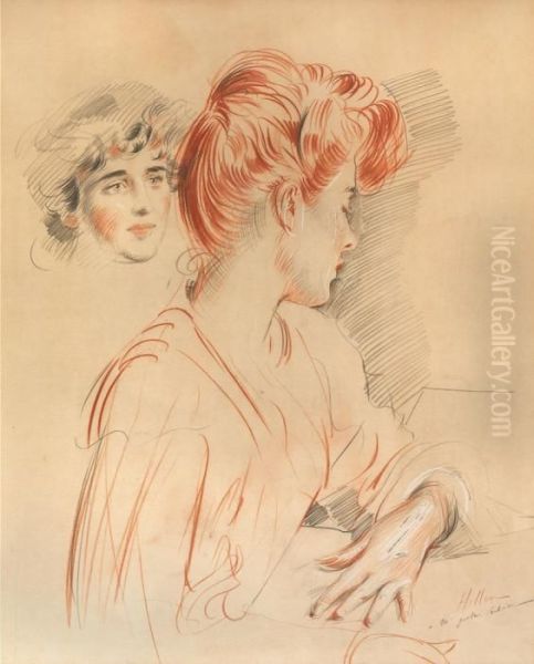 Portrait De Trois Quarts Et Etude De Tete by Paul Cesar Helleu