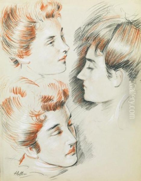 Trois Tetes De Femmes Oil Painting by Paul Cesar Helleu