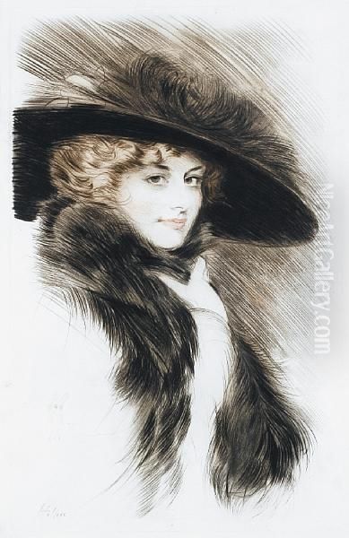 Femme Au Col De Fourrure Et Au Grand Chapeau Oil Painting by Paul Cesar Helleu