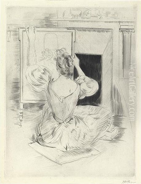 Woman Embroidering. Oil Painting by Paul Cesar Helleu