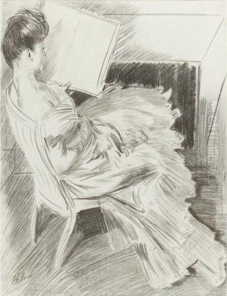 Madame Helleu Reading Near The Fireplace Oil Painting by Paul Cesar Helleu