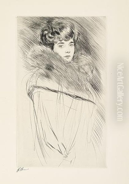 Femme Au Col De Fourrure. Oil Painting by Paul Cesar Helleu