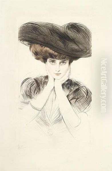 Femme Au Chapeau, Les Mains Sur Le Menton. Oil Painting by Paul Cesar Helleu