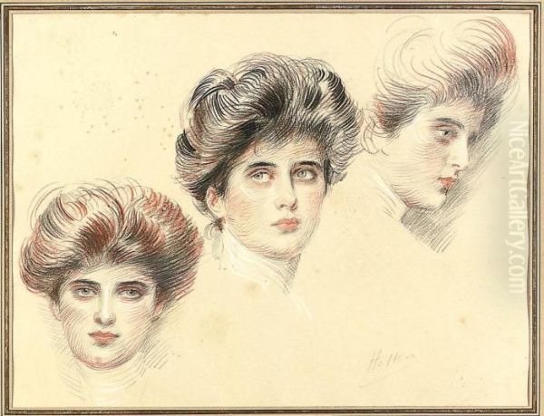 Three Head Studies Of The Artist's Daughter Oil Painting by Paul Cesar Helleu