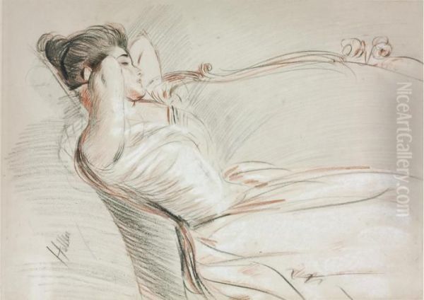 A Woman Reclining On A Sofa Oil Painting by Paul Cesar Helleu