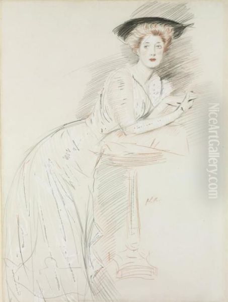 Portrait Of Miss Taylor Leaning On A Gueridon Oil Painting by Paul Cesar Helleu