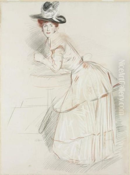 A Woman Leaning On A Gueridon Oil Painting by Paul Cesar Helleu