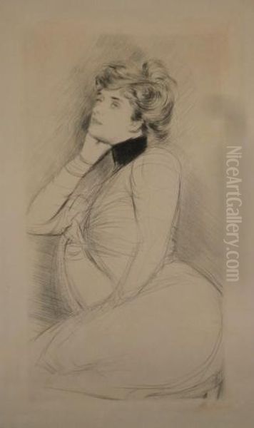 Femme Assise De Profil. Oil Painting by Paul Cesar Helleu