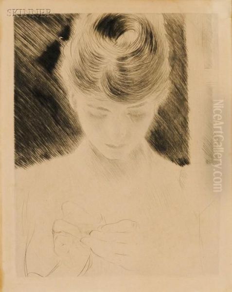 Woman Threading A Needle Oil Painting by Paul Cesar Helleu