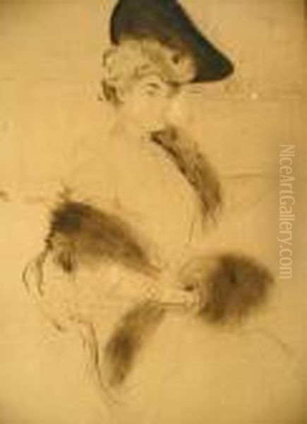 Portrait Of A Woman With Fur Stole Oil Painting by Paul Cesar Helleu